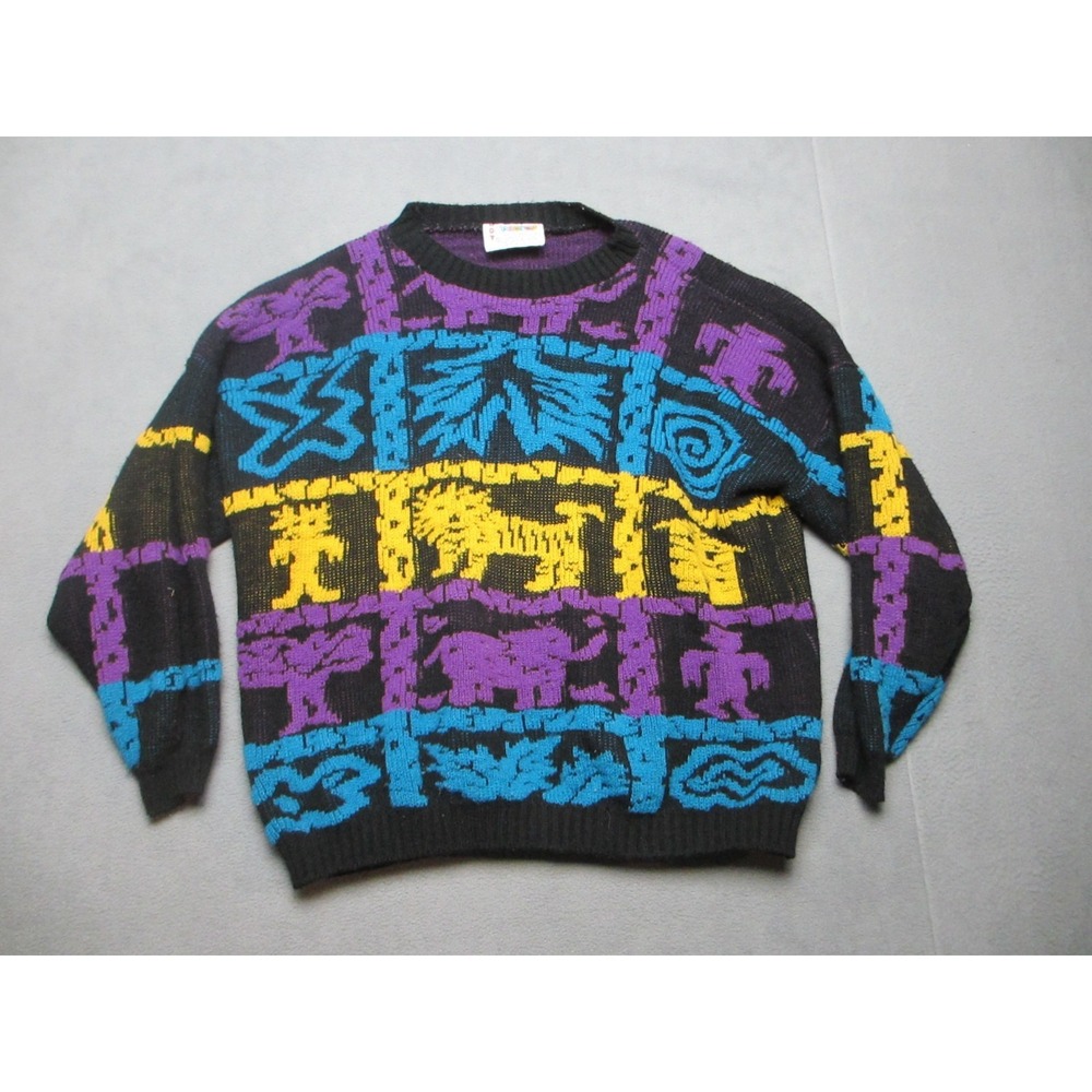 Vtg Sweater Mens Large Multicolor Animal Tribal Knit 80s 90s USA Hot Cashews